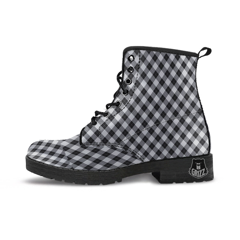 Argyle Dark Grey Print Pattern Leather Boots-grizzshop