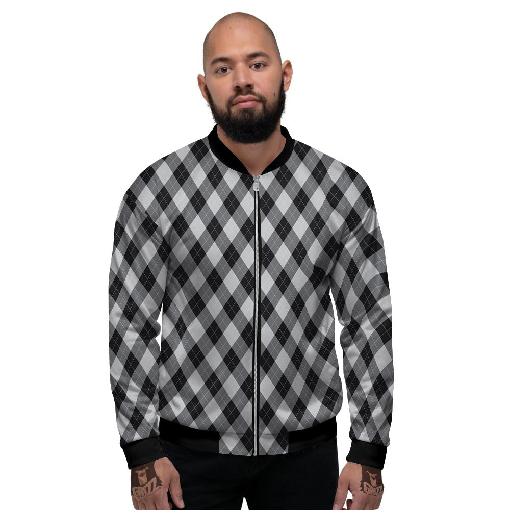 Argyle Dark Grey Print Pattern Men's Bomber Jacket-grizzshop