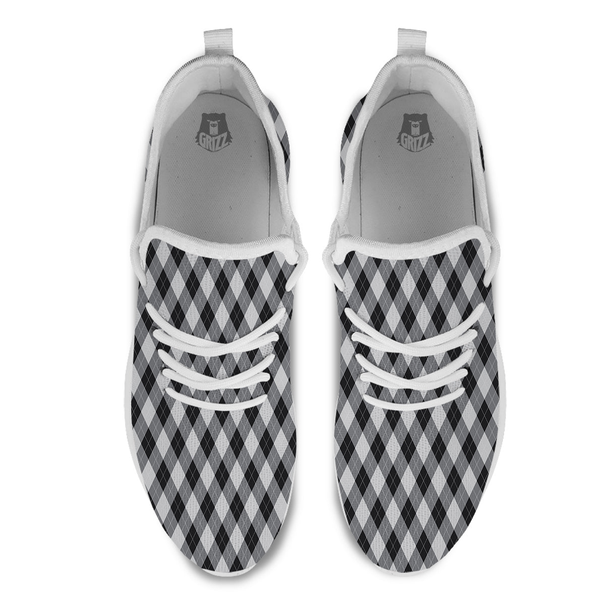 Argyle Dark Grey Print Pattern White Athletic Shoes-grizzshop