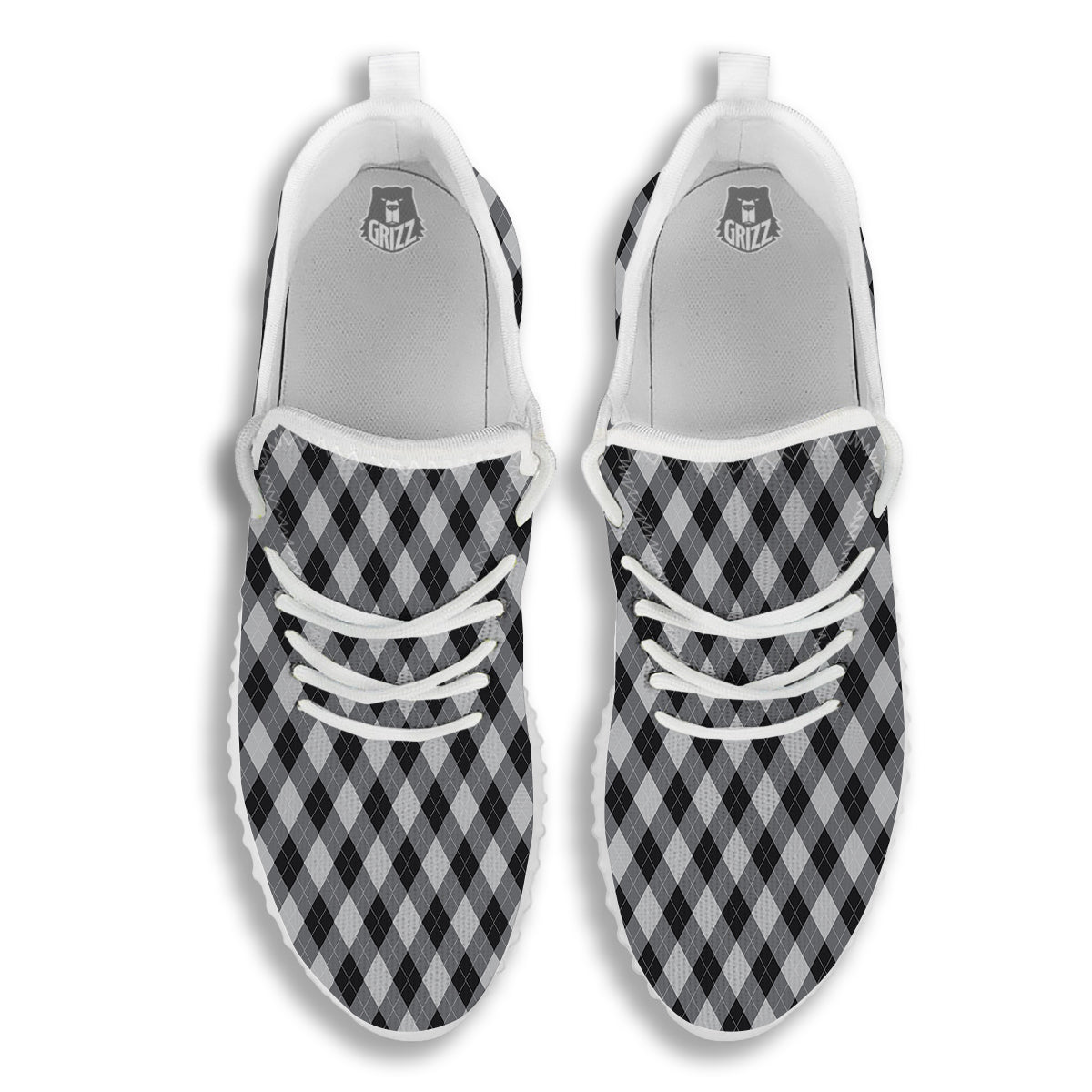Argyle Dark Grey Print Pattern White Walking Shoes-grizzshop