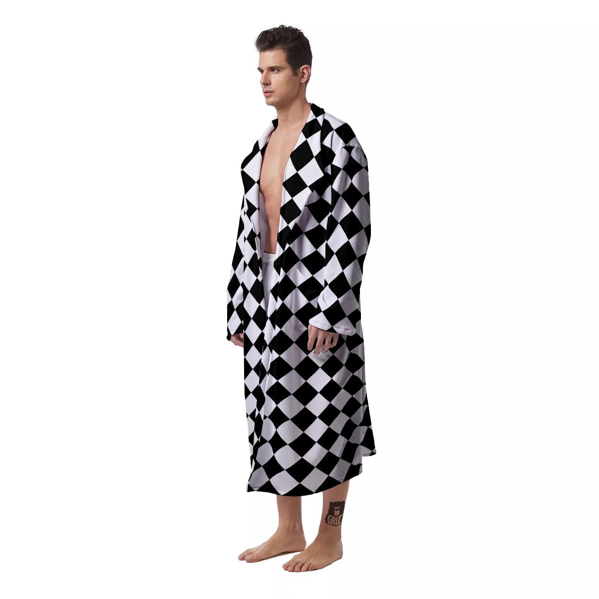 Argyle Diamond Shapes Black And White Print Pattern Men's Robe-grizzshop