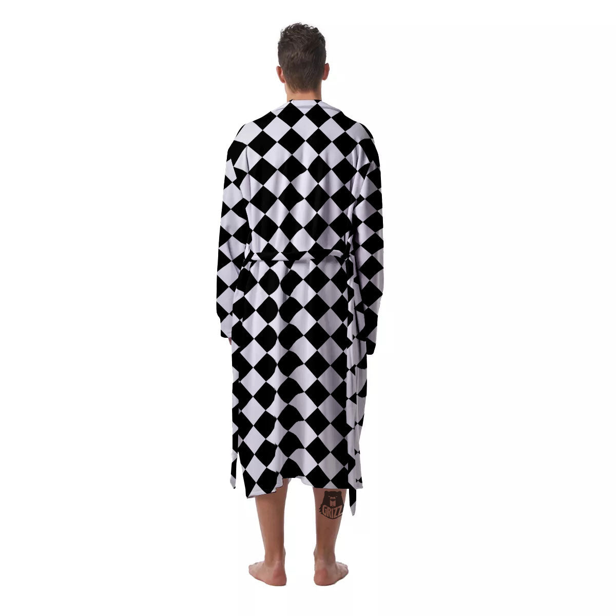 Argyle Diamond Shapes Black And White Print Pattern Men's Robe-grizzshop