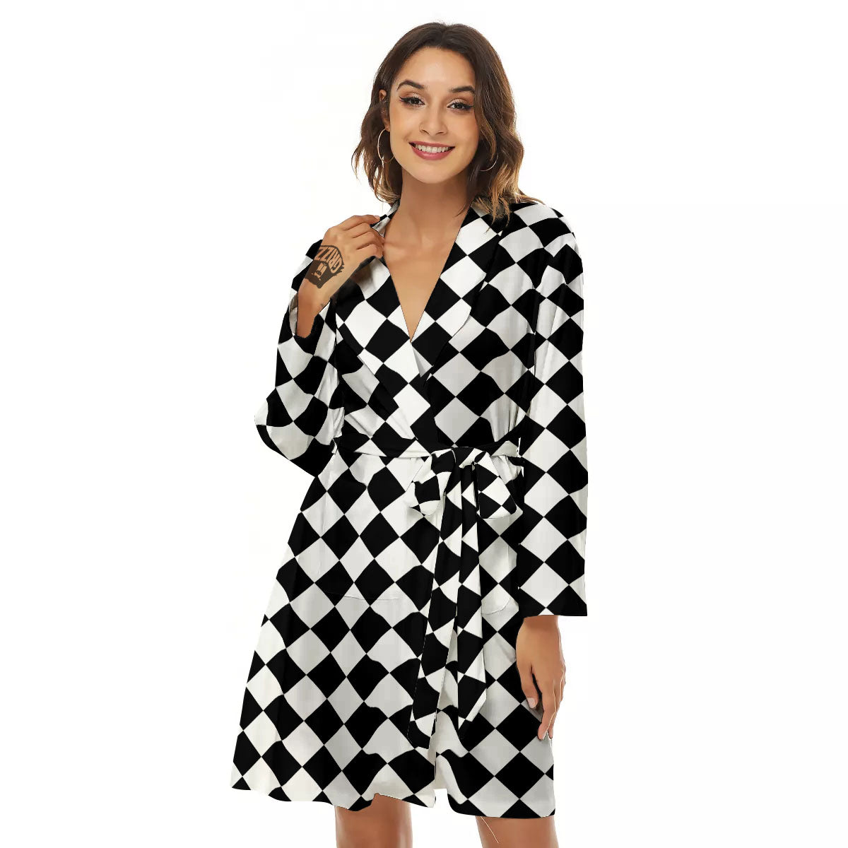 Argyle Diamond Shapes Black And White Print Pattern Women's Robe-grizzshop