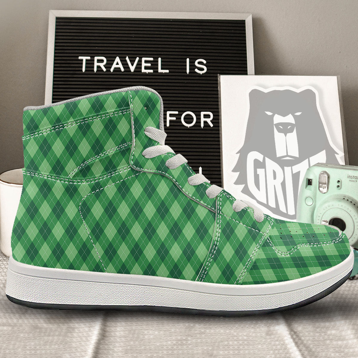 Argyle Forest Green Print Pattern High Top Sneakers-grizzshop