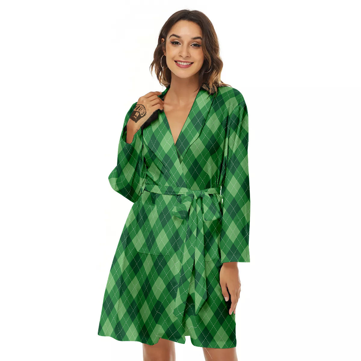 Argyle Forest Green Print Pattern Women's Robe-grizzshop