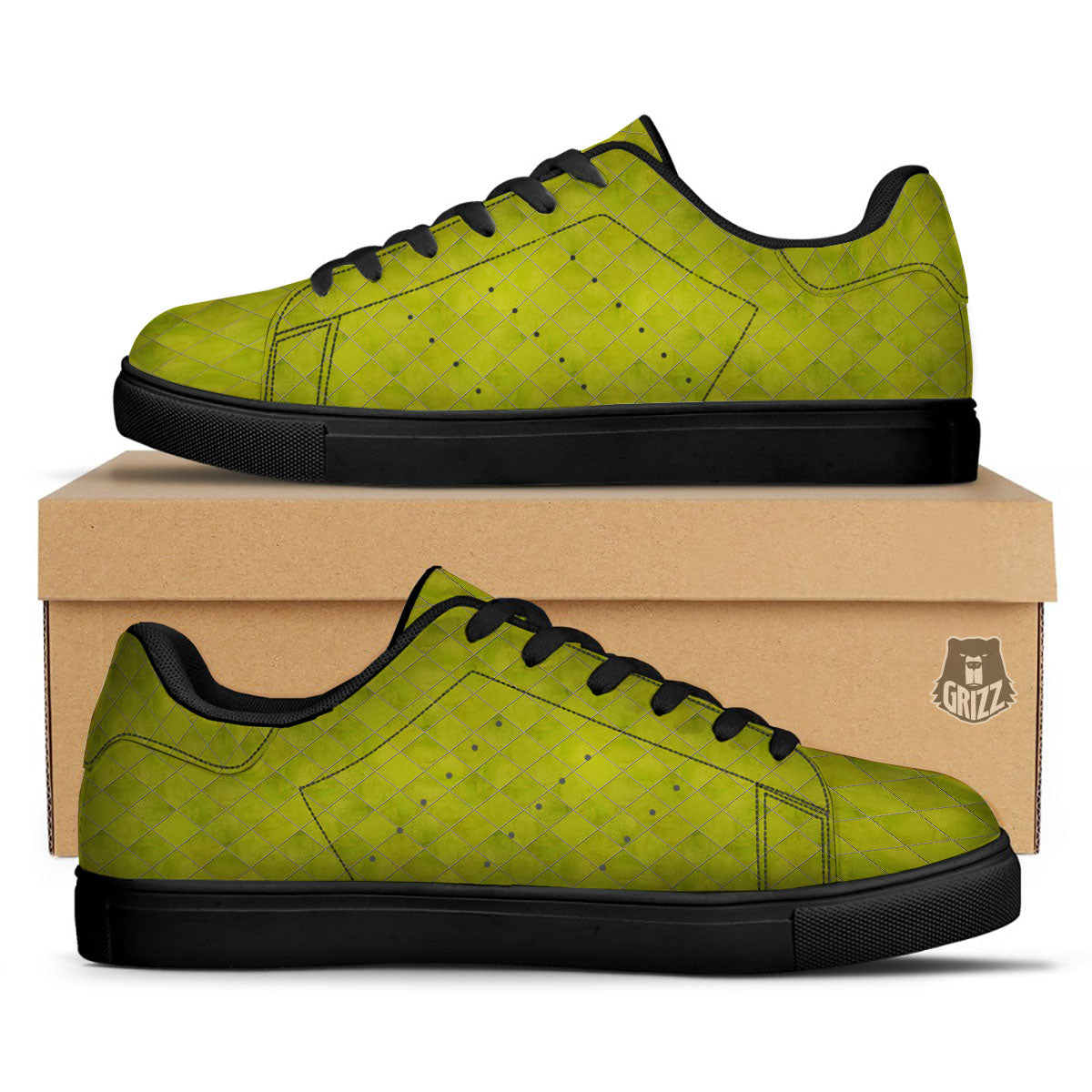 Argyle Grass Green Print Pattern Black Low Top Sneakers-grizzshop