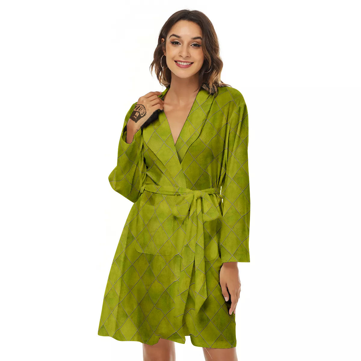 Argyle Grass Green Print Pattern Women's Robe-grizzshop