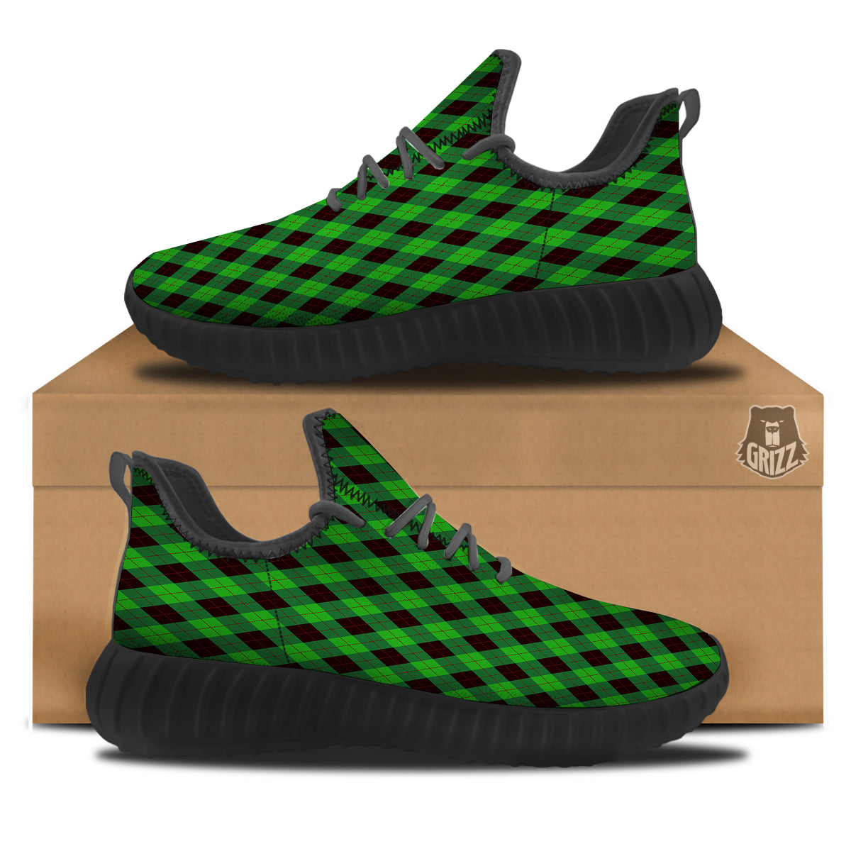 Argyle Green And Black Print Pattern Black Walking Shoes-grizzshop