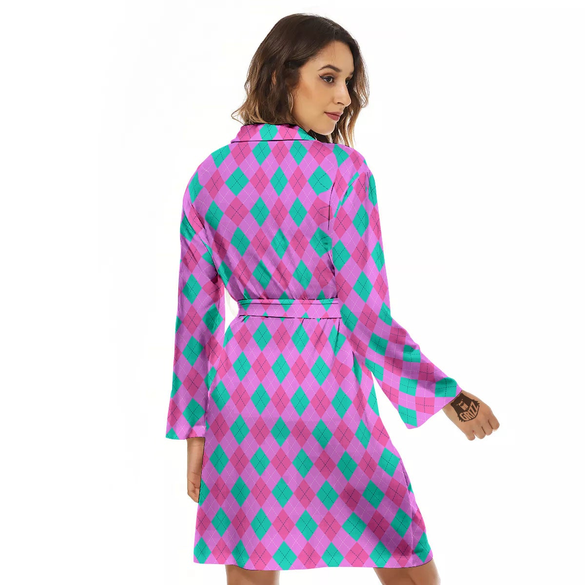 Argyle Green And Pink Print Pattern Women's Robe-grizzshop