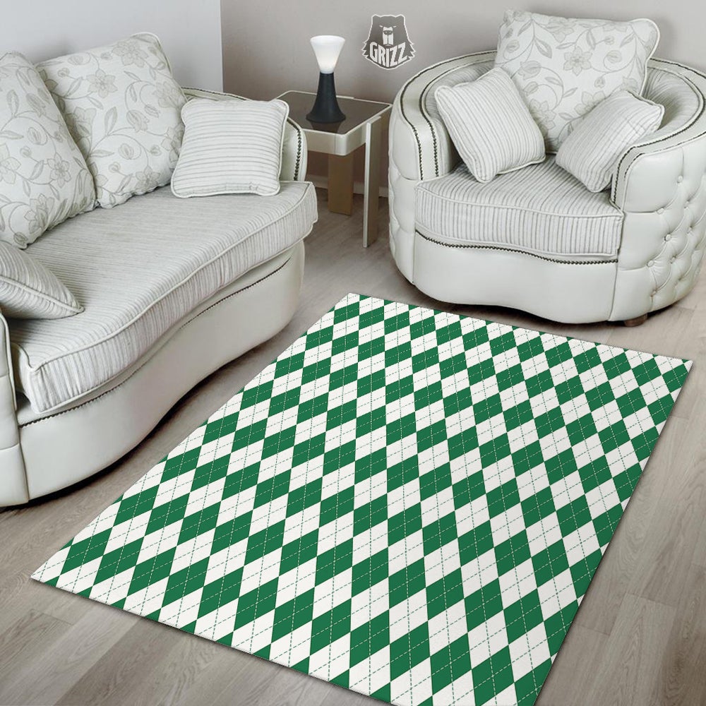 Argyle Green And White Print Pattern Floor Mat-grizzshop