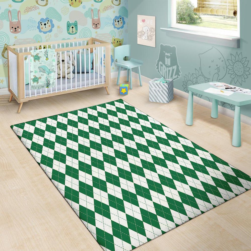 Argyle Green And White Print Pattern Floor Mat-grizzshop