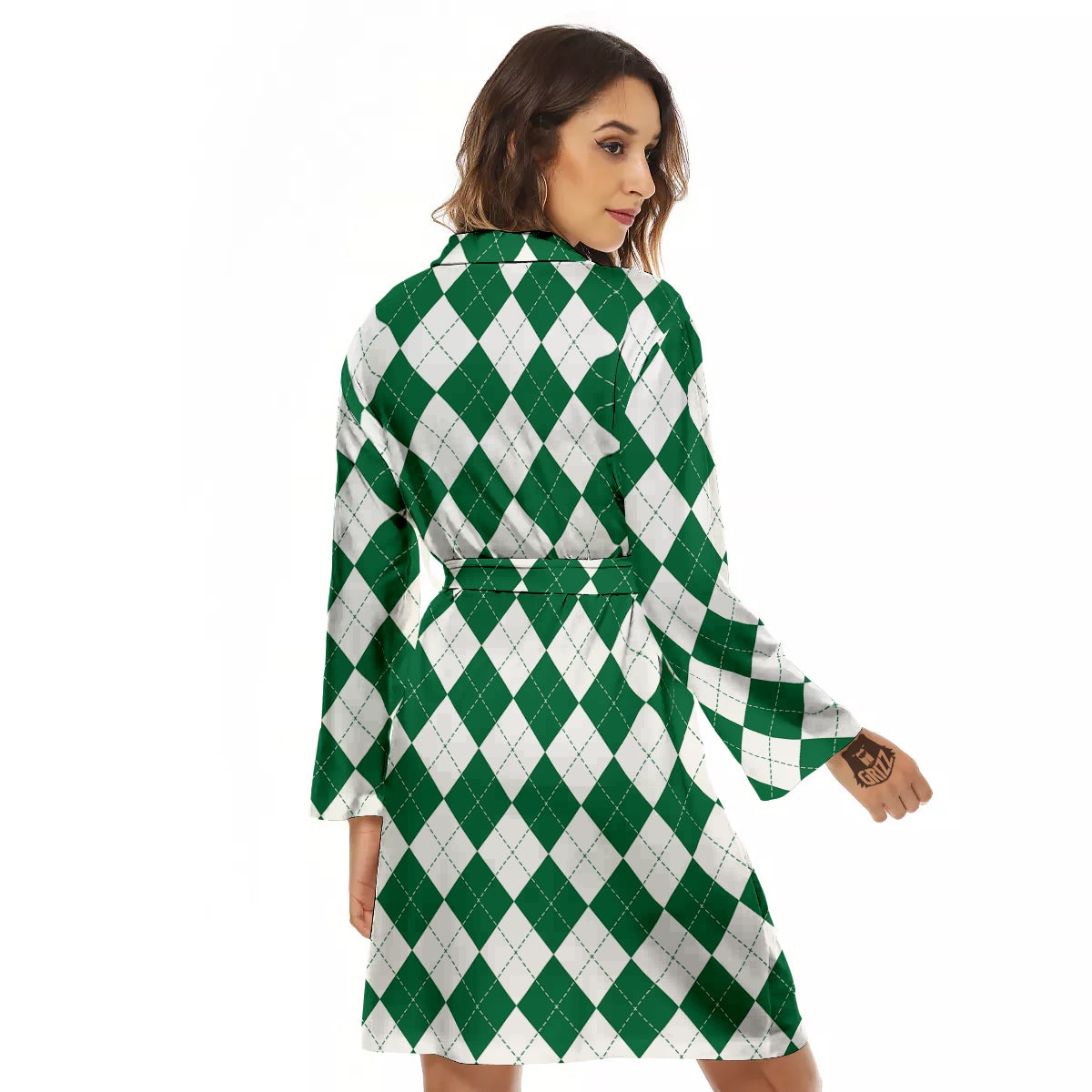 Argyle Green And White Print Pattern Women's Robe-grizzshop