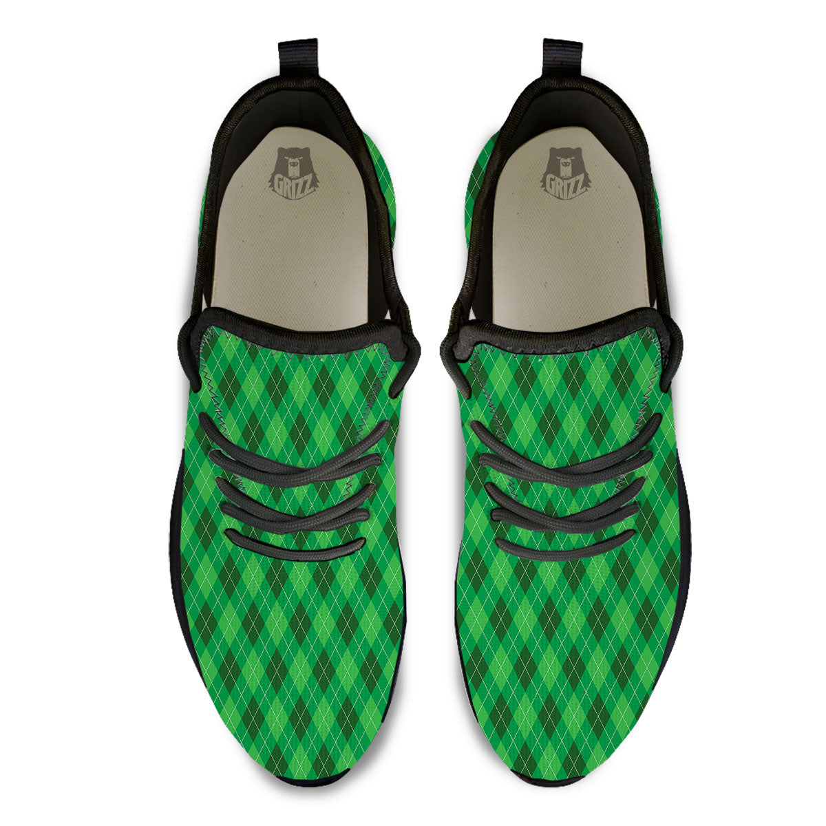 Argyle Green Print Pattern Black Athletic Shoes-grizzshop
