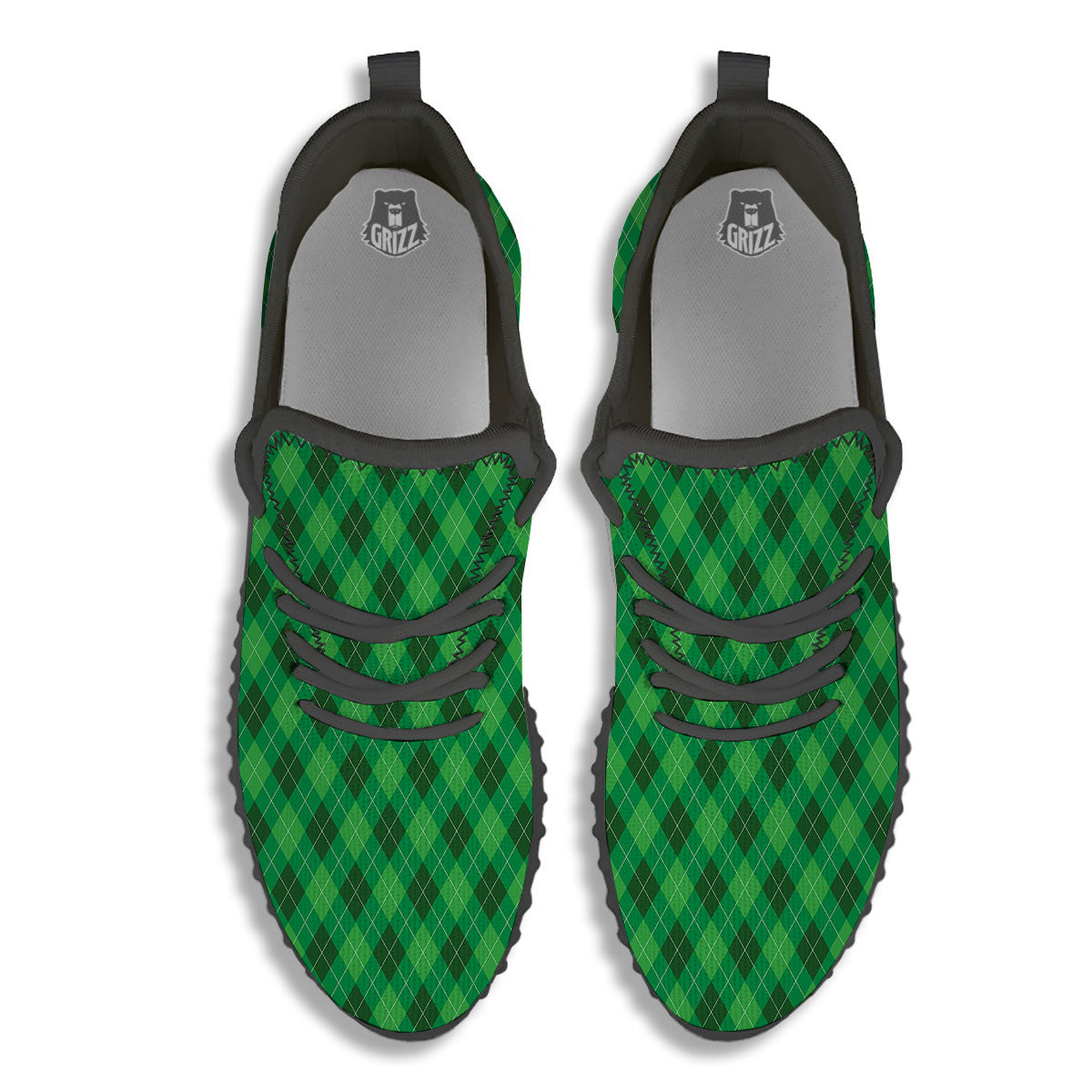 Argyle Green Print Pattern Black Walking Shoes-grizzshop