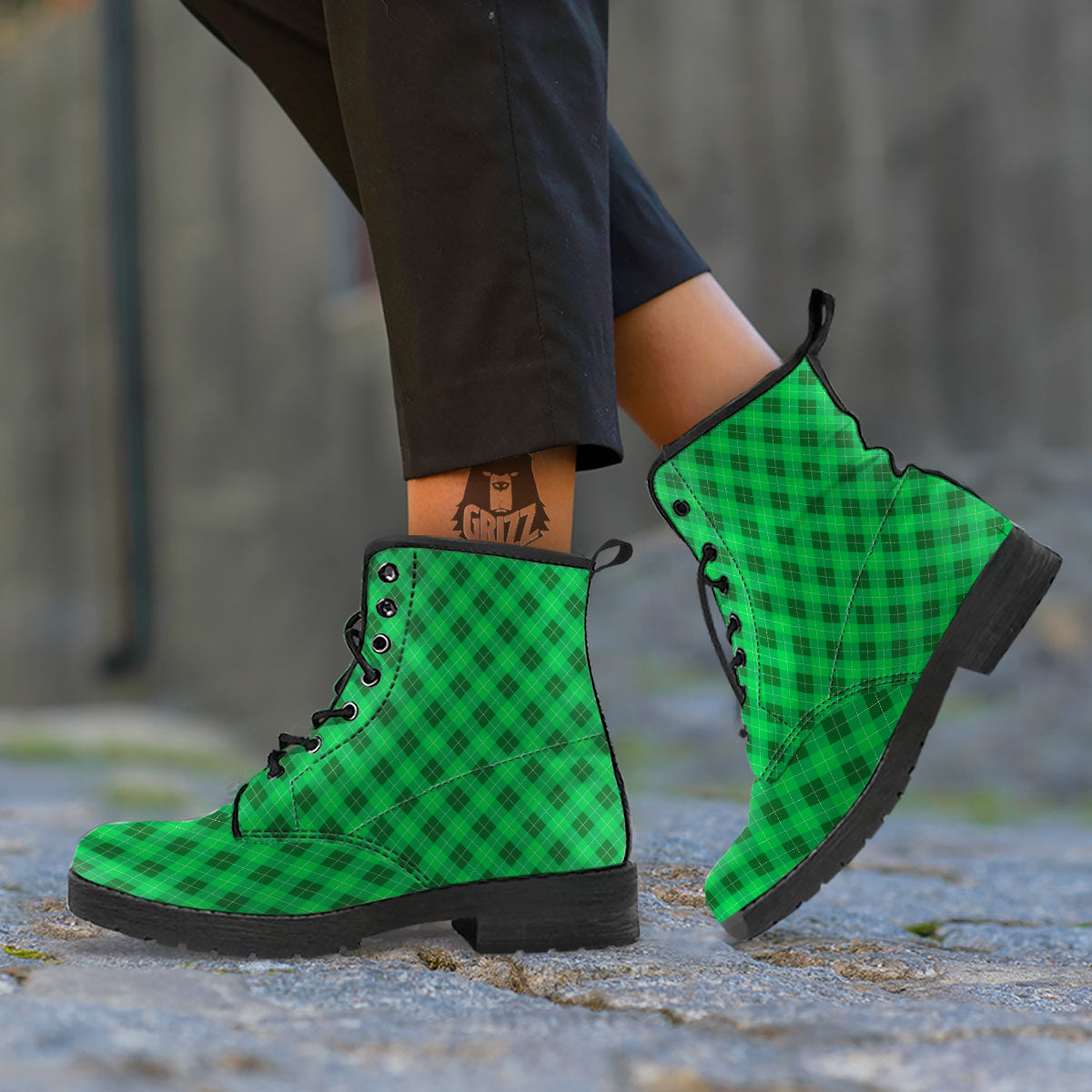 Argyle Green Print Pattern Leather Boots-grizzshop