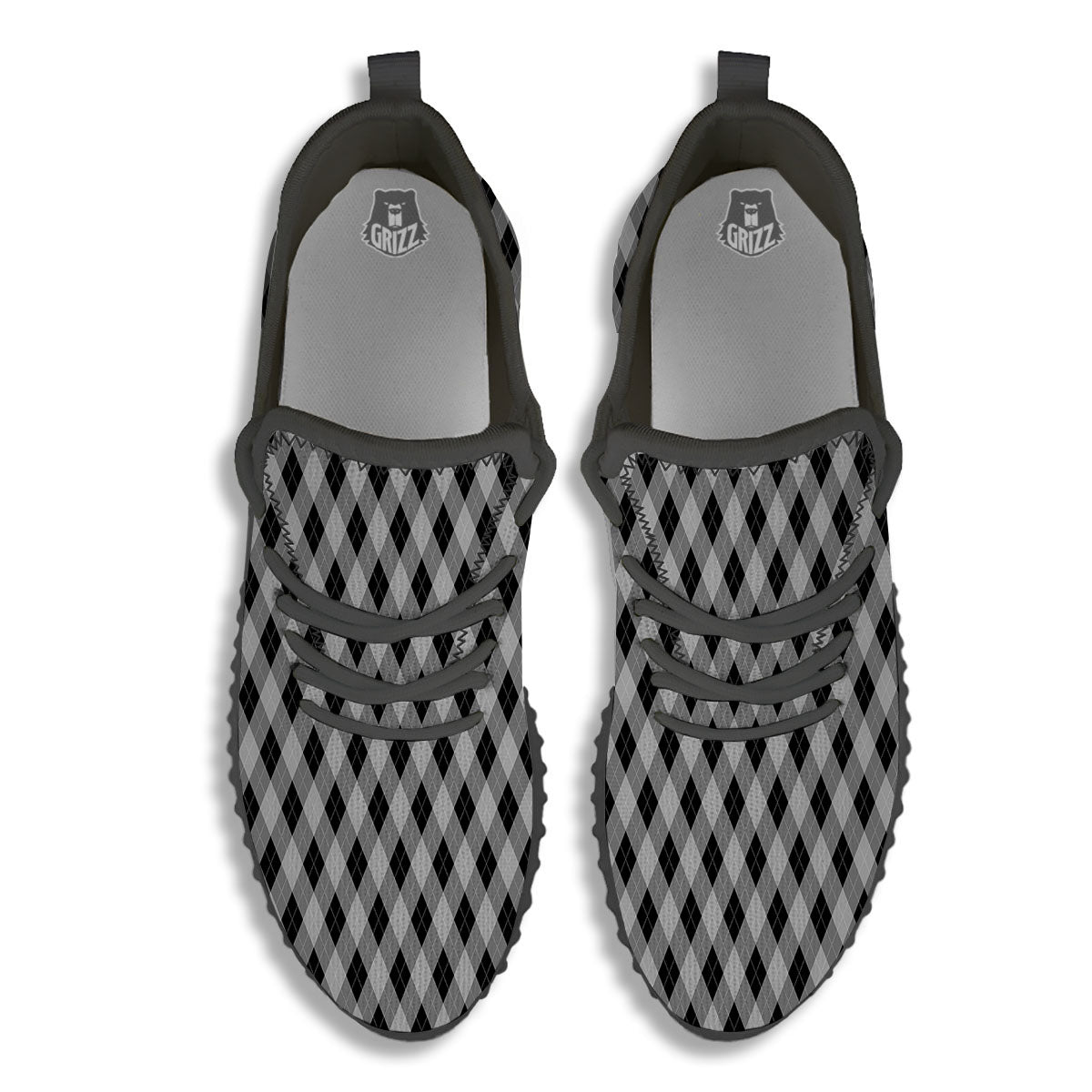 Argyle Grey And Black Print Pattern Black Walking Shoes-grizzshop