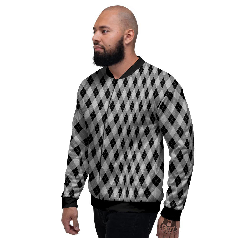 Argyle Grey And Black Print Pattern Men's Bomber Jacket-grizzshop