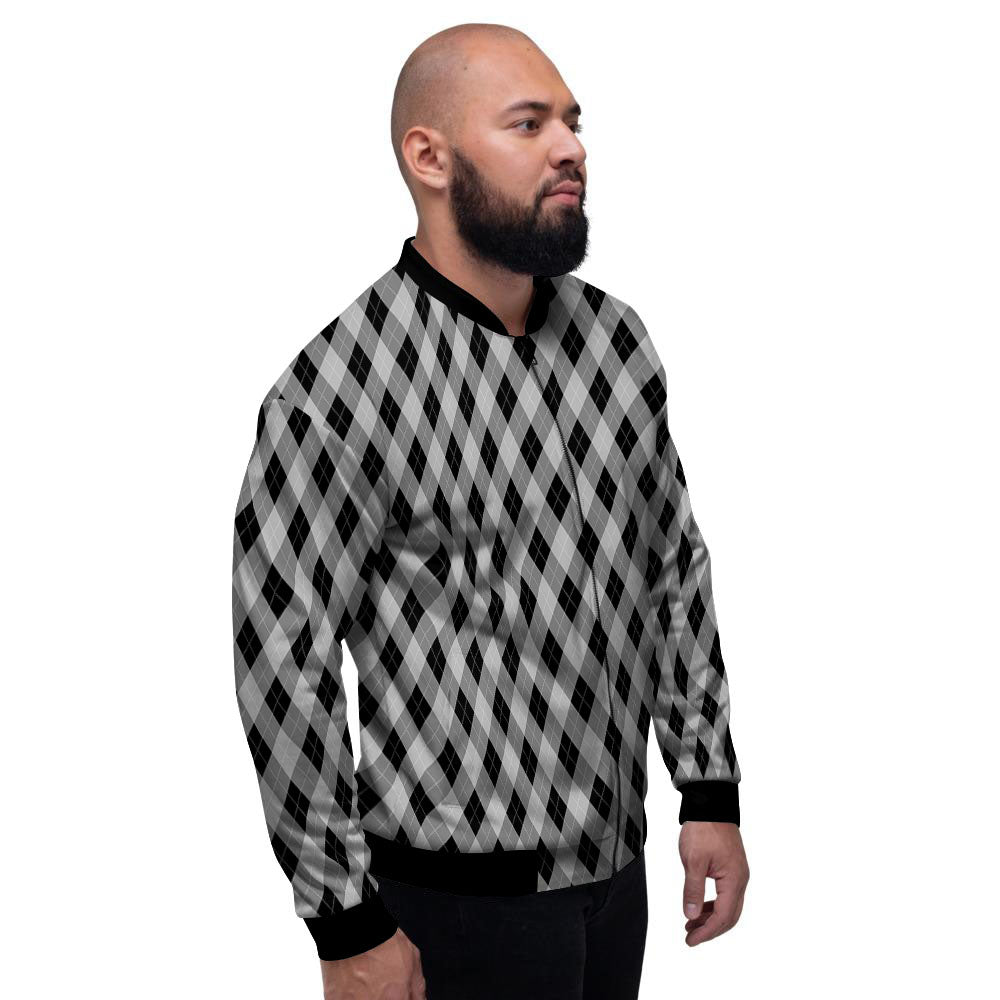Argyle Grey And Black Print Pattern Men's Bomber Jacket-grizzshop