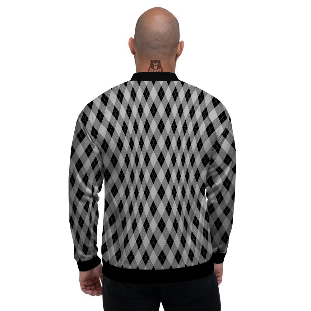 Argyle Grey And Black Print Pattern Men's Bomber Jacket-grizzshop