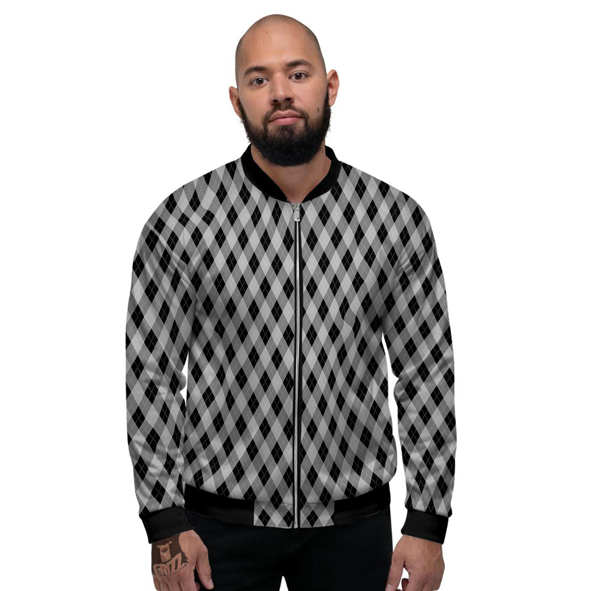 Argyle Grey And Black Print Pattern Men's Bomber Jacket-grizzshop