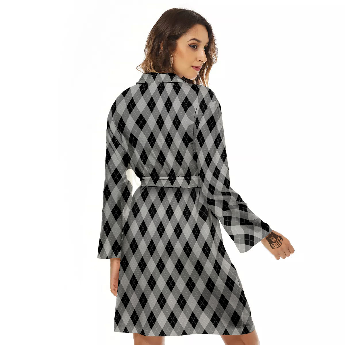 Argyle Grey And Black Print Pattern Women's Robe-grizzshop