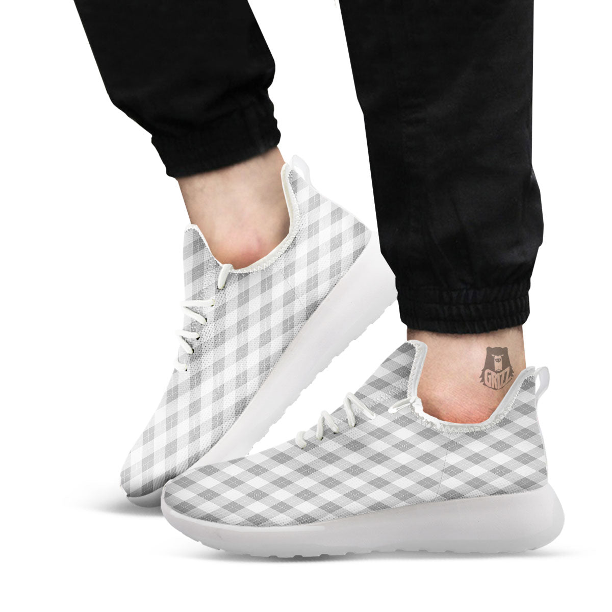 Argyle Grey Print Pattern White Athletic Shoes-grizzshop