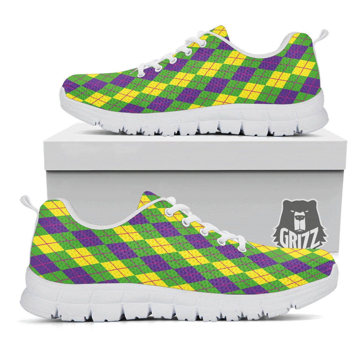 Argyle Mardi Gras Print Pattern White Sneaker-grizzshop