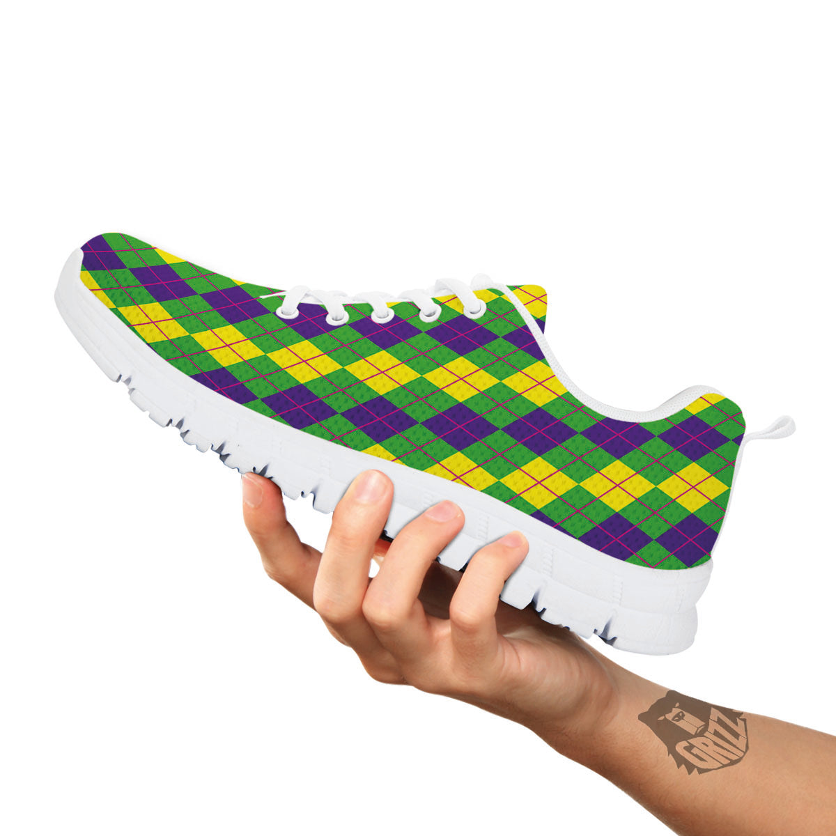 Argyle Mardi Gras Print Pattern White Sneaker-grizzshop