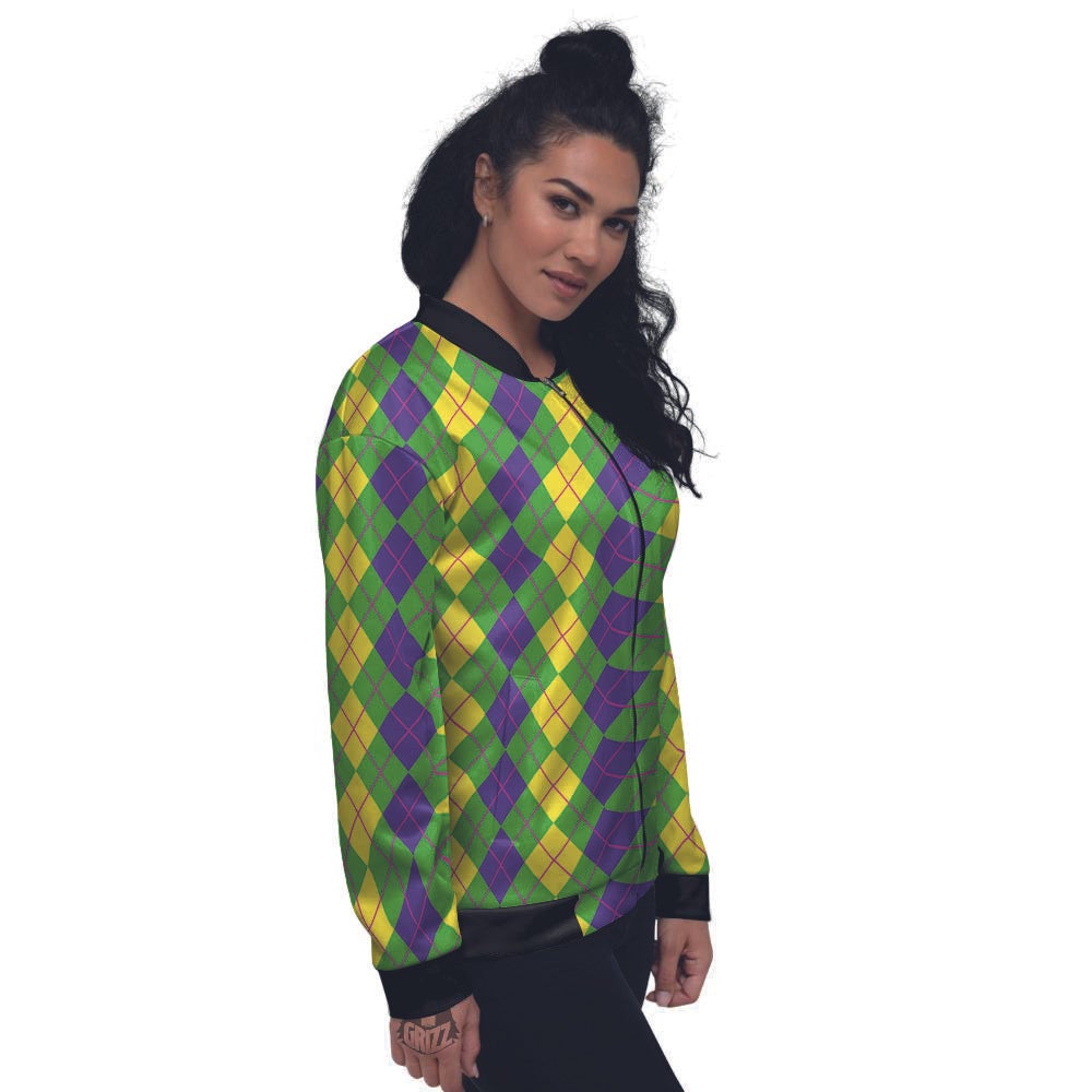Argyle Mardi Gras Print Pattern Women's Bomber Jacket-grizzshop