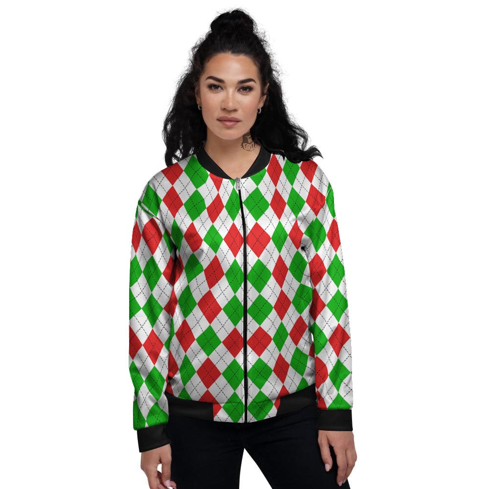 Argyle Merry Christmas Print Pattern Women's Bomber Jacket-grizzshop