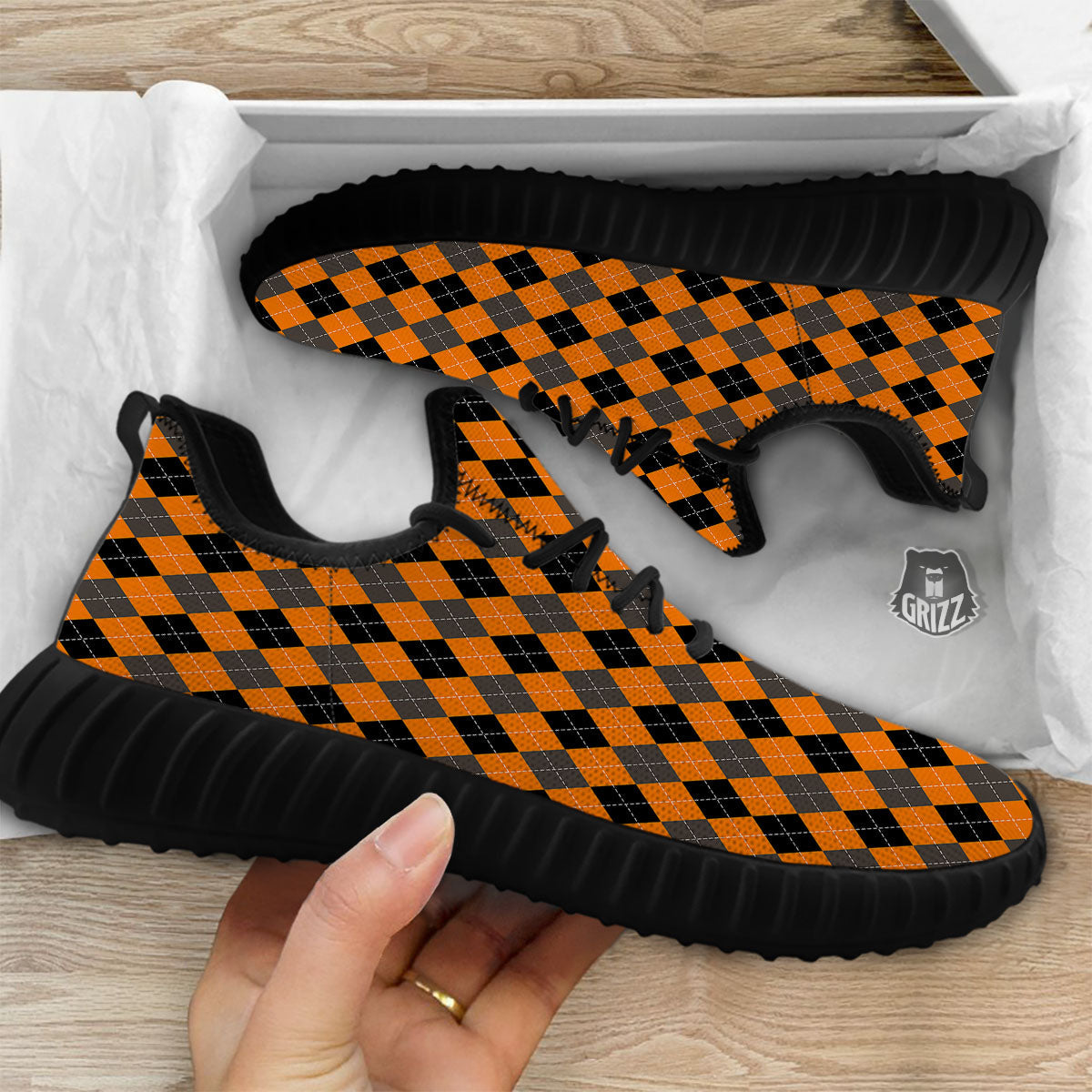 Argyle Orange And Black Print Pattern Black Walking Shoes-grizzshop