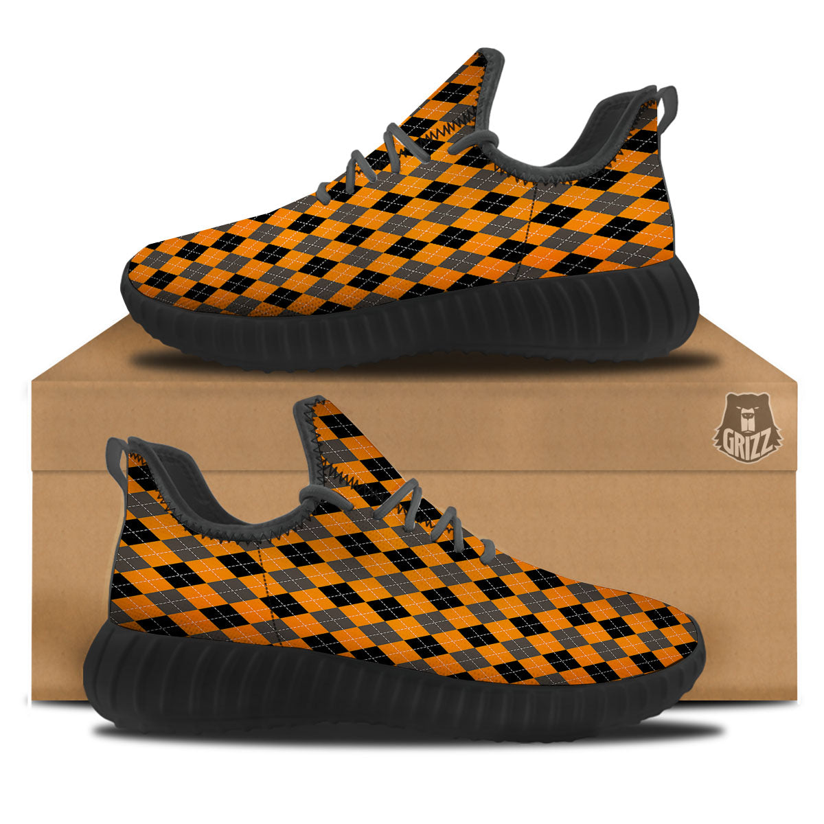 Argyle Orange And Black Print Pattern Black Walking Shoes-grizzshop