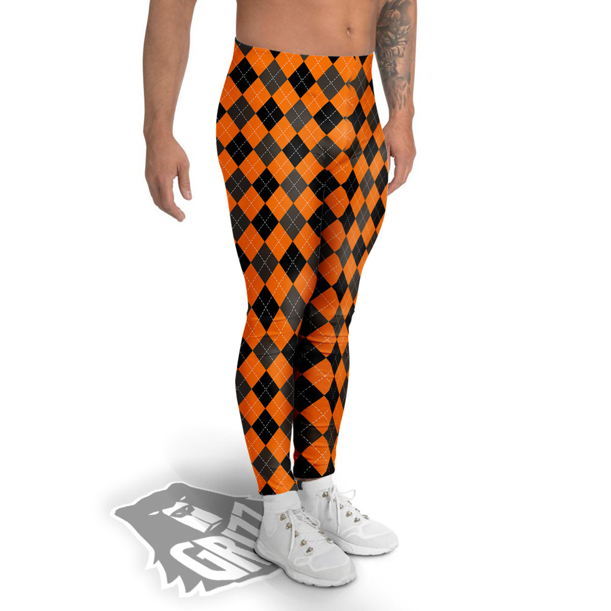 Argyle Orange And Black Print Pattern Men's Leggings-grizzshop