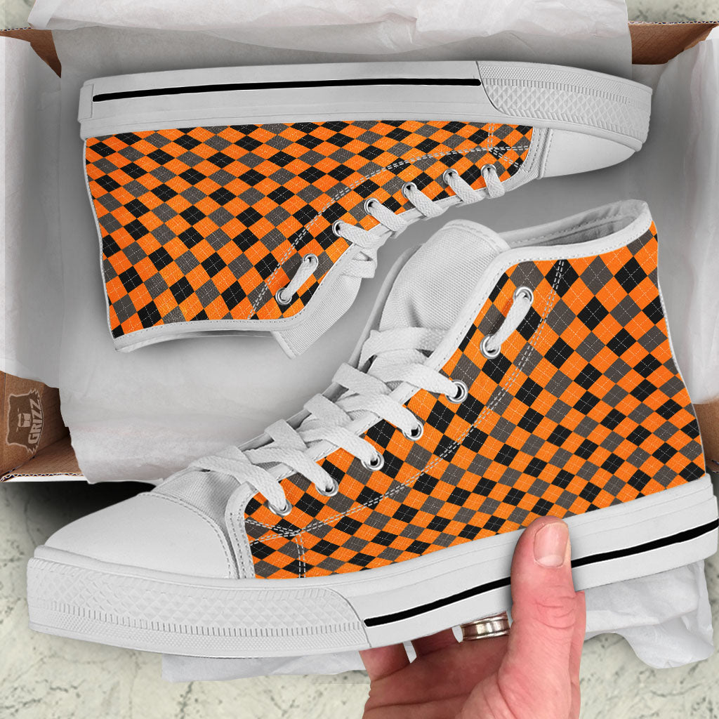 Argyle Orange And Black Print Pattern White High Top Shoes-grizzshop