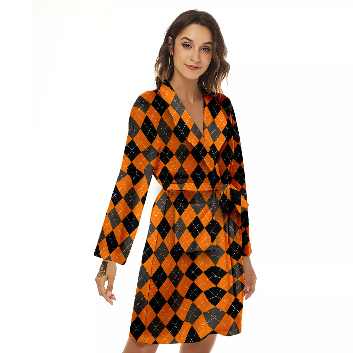 Argyle Orange And Black Print Pattern Women's Robe-grizzshop