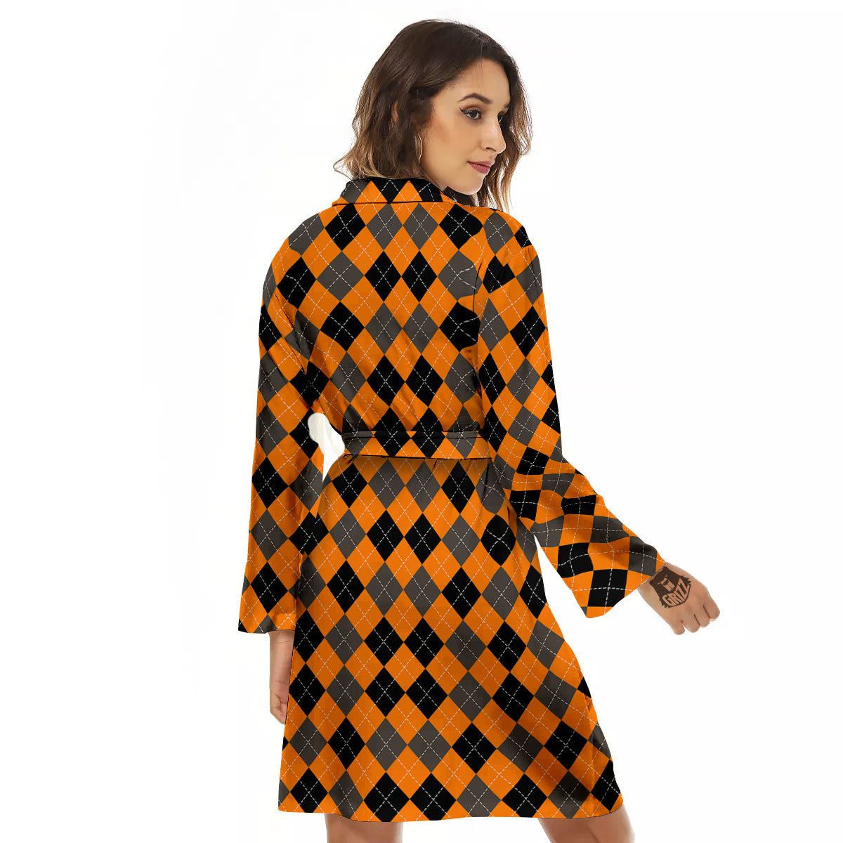 Argyle Orange And Black Print Pattern Women's Robe-grizzshop