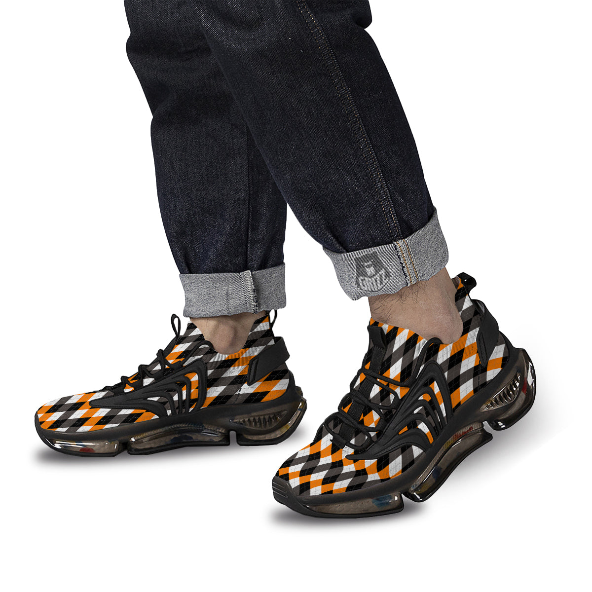 Argyle Orange Black And White Print Pattern Black Gym Shoes-grizzshop