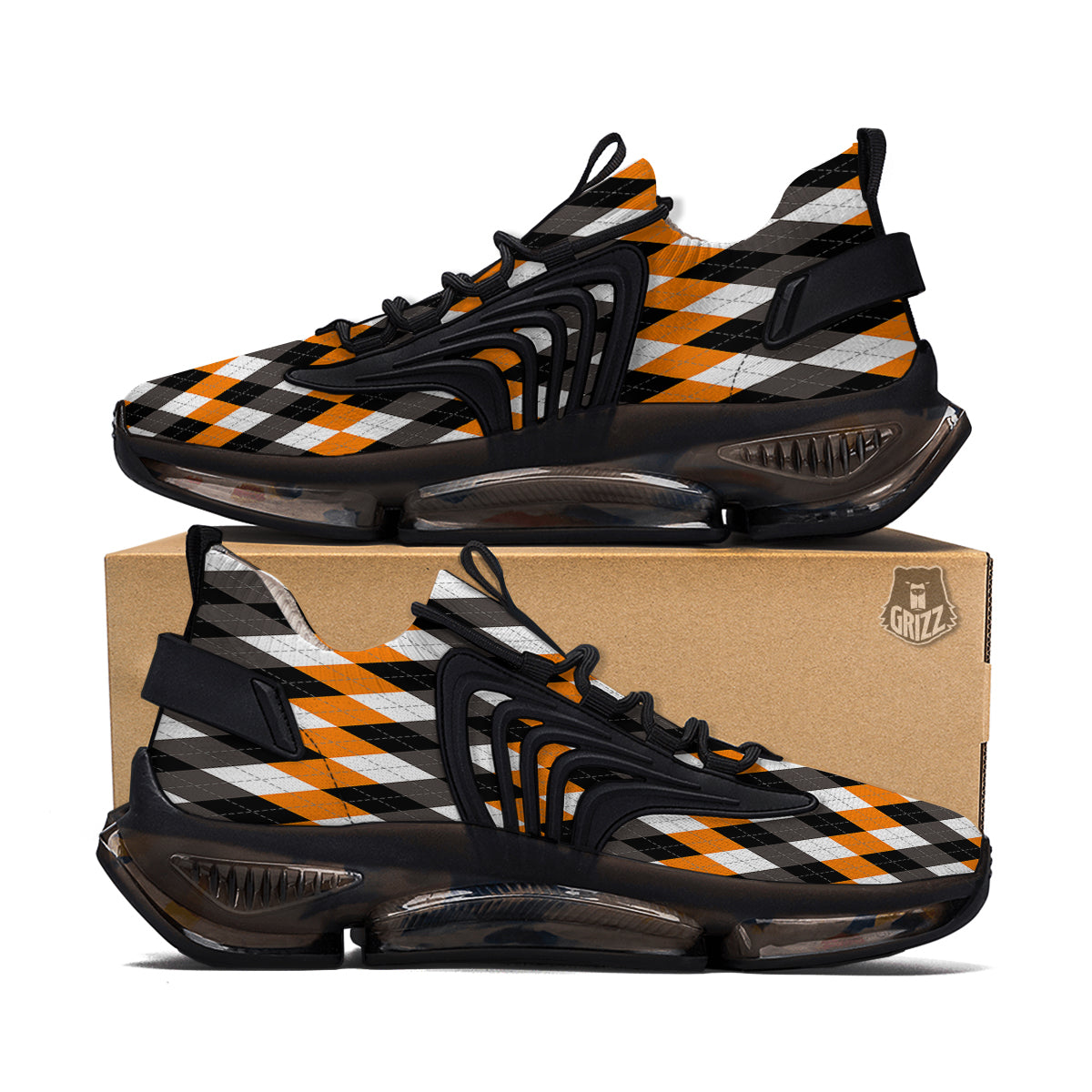 Argyle Orange Black And White Print Pattern Black Gym Shoes-grizzshop
