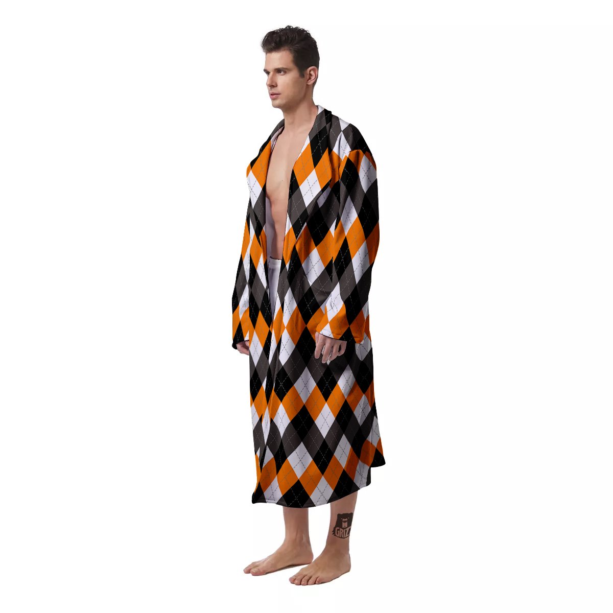 Argyle Orange Black And White Print Pattern Men's Robe-grizzshop