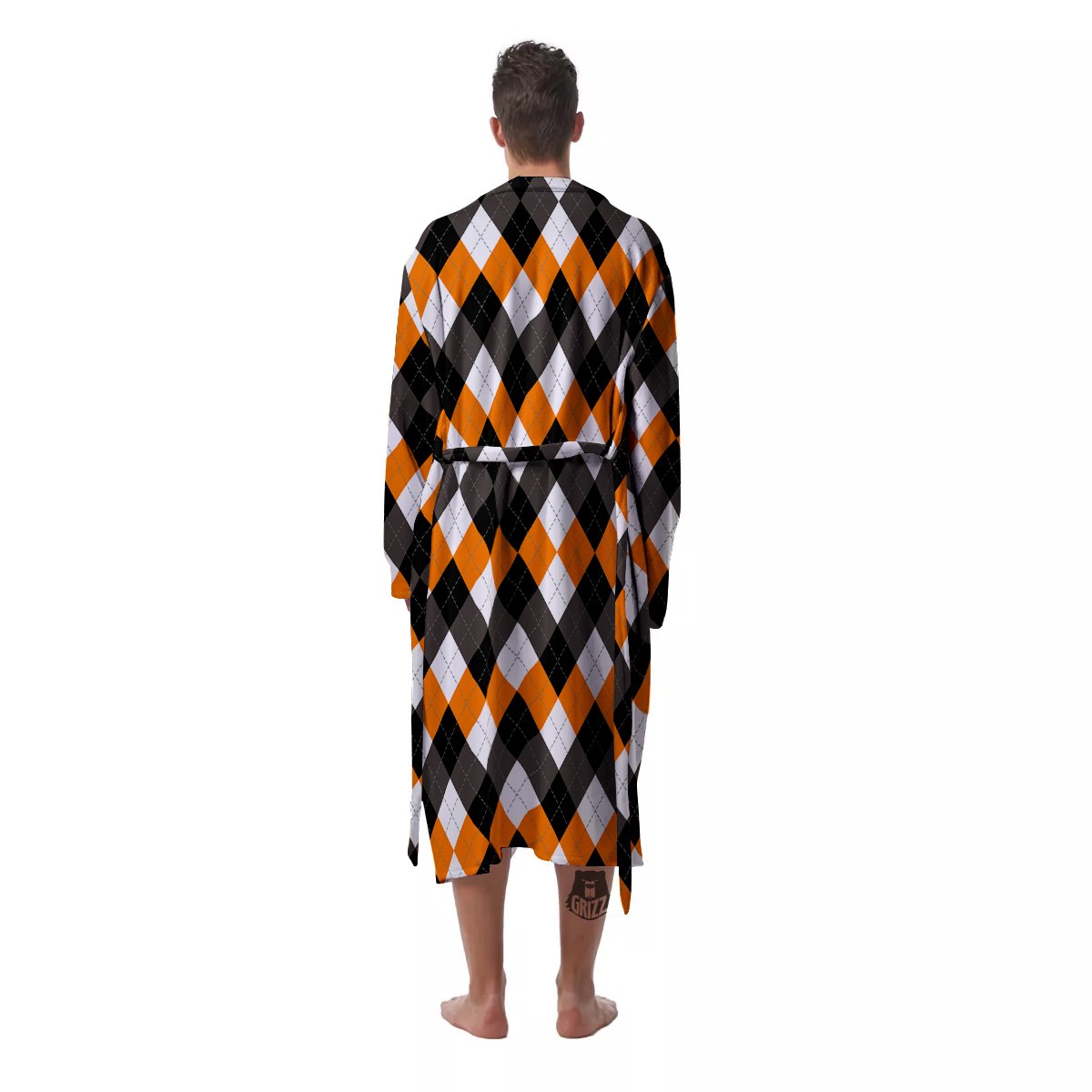 Argyle Orange Black And White Print Pattern Men's Robe-grizzshop