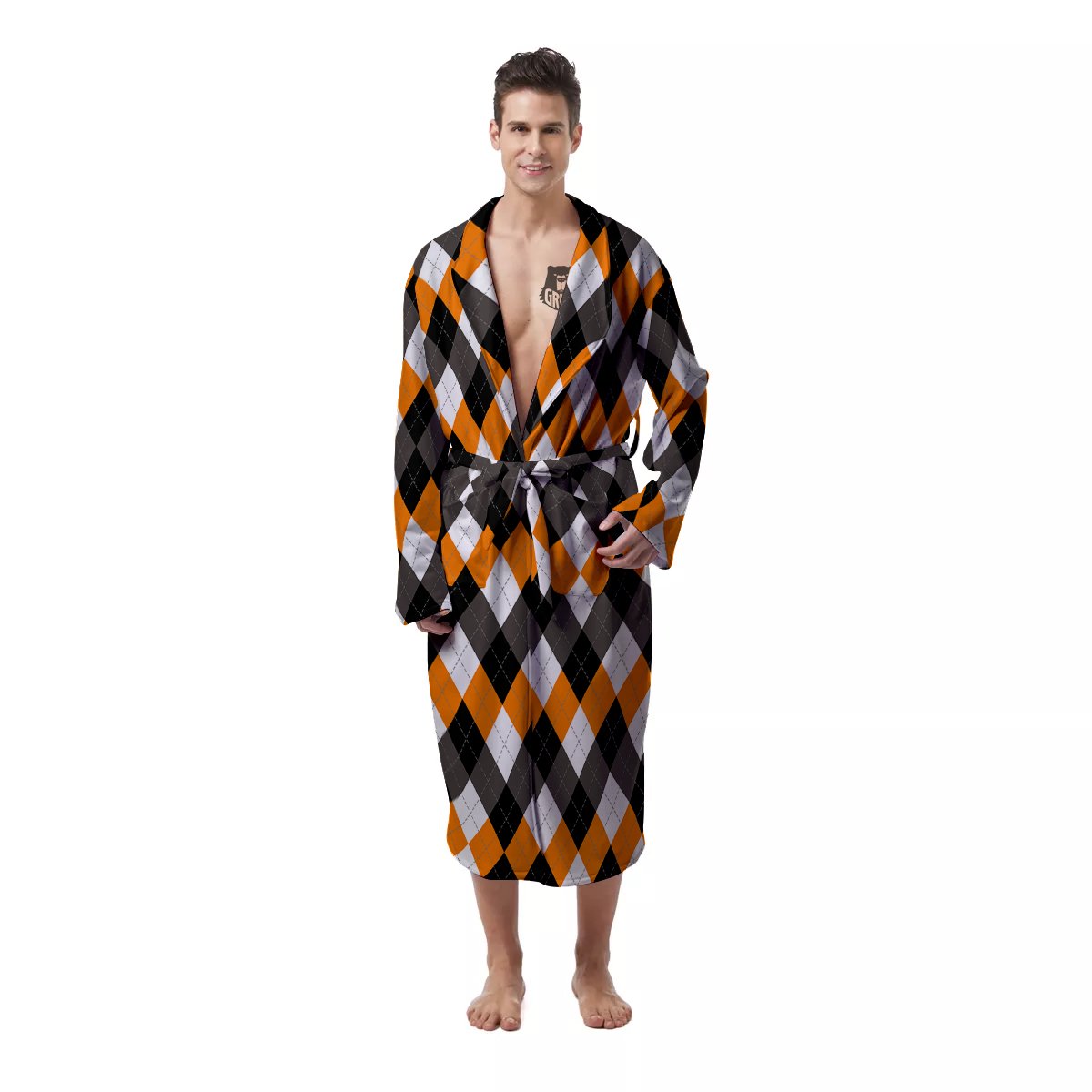Argyle Orange Black And White Print Pattern Men's Robe-grizzshop