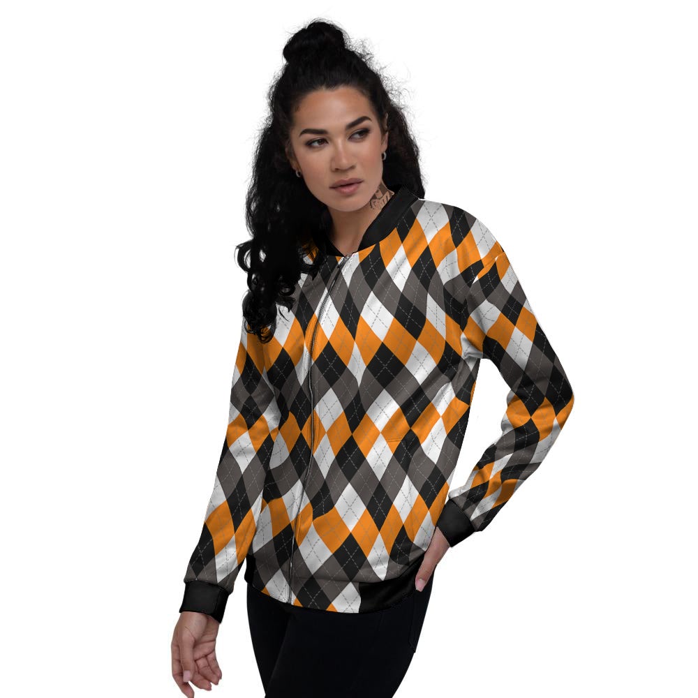 Argyle Orange Black And White Print Pattern Women's Bomber Jacket-grizzshop