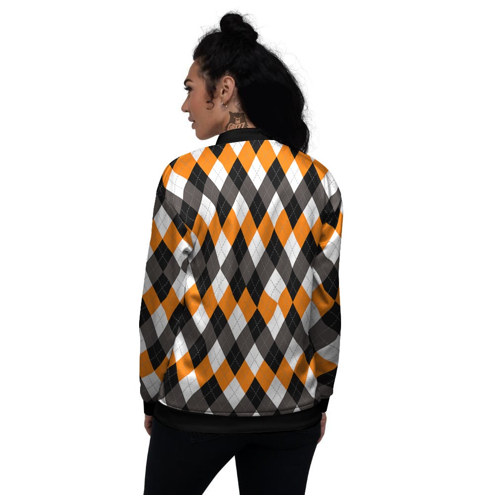 Argyle Orange Black And White Print Pattern Women's Bomber Jacket-grizzshop