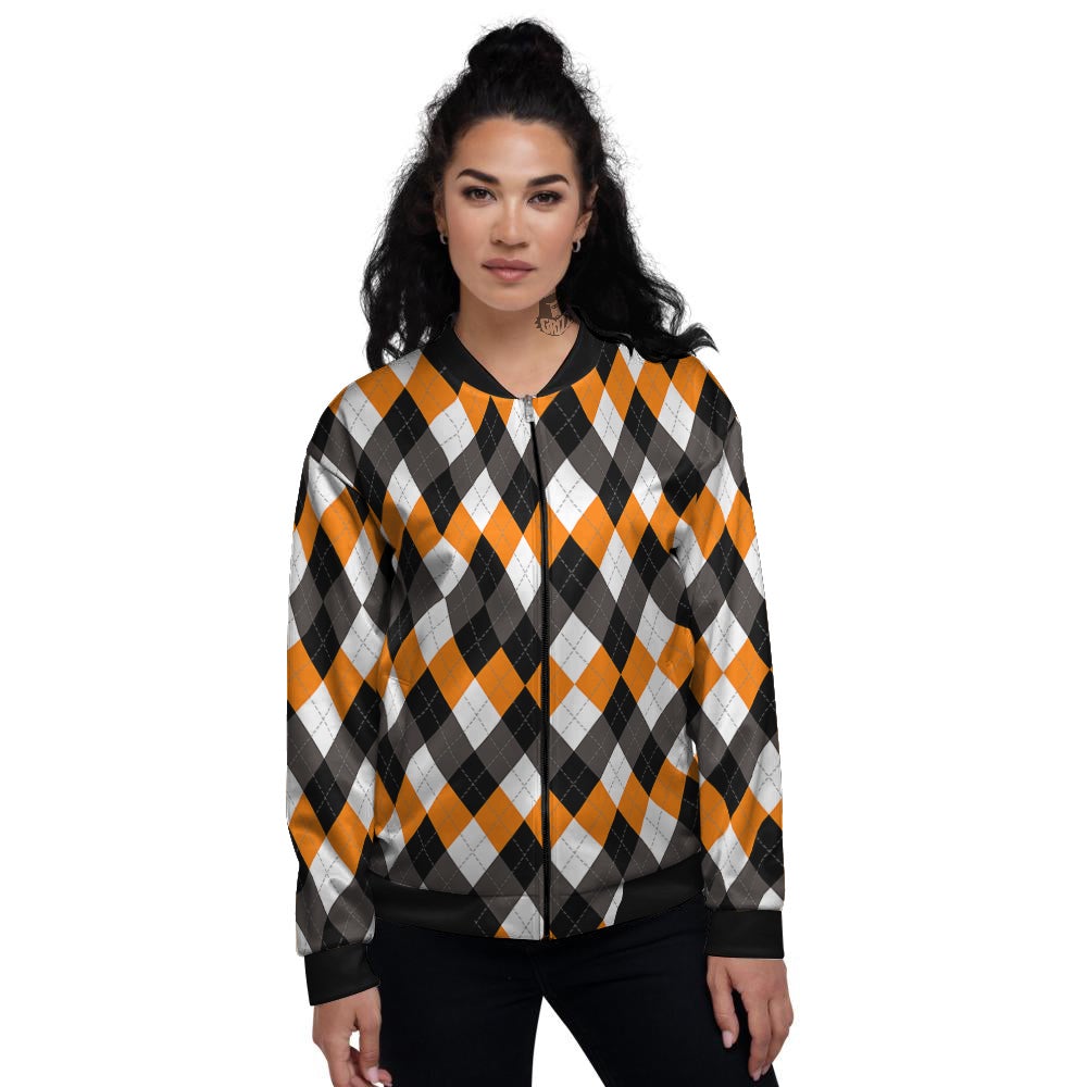 Argyle Orange Black And White Print Pattern Women's Bomber Jacket-grizzshop