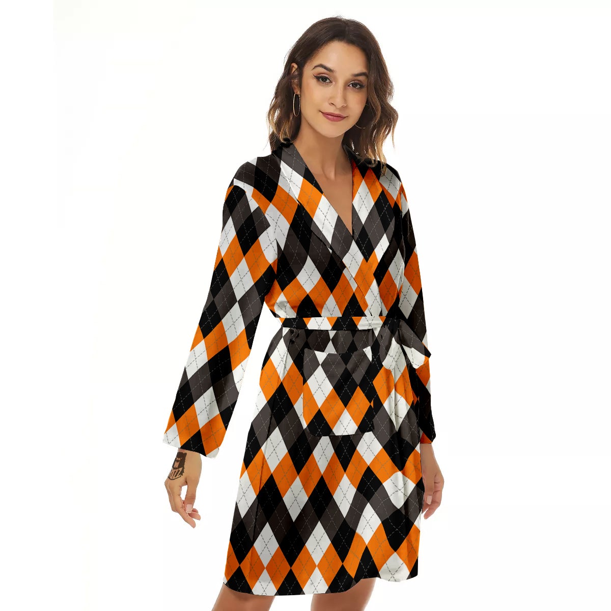 Argyle Orange Black And White Print Pattern Women's Robe-grizzshop