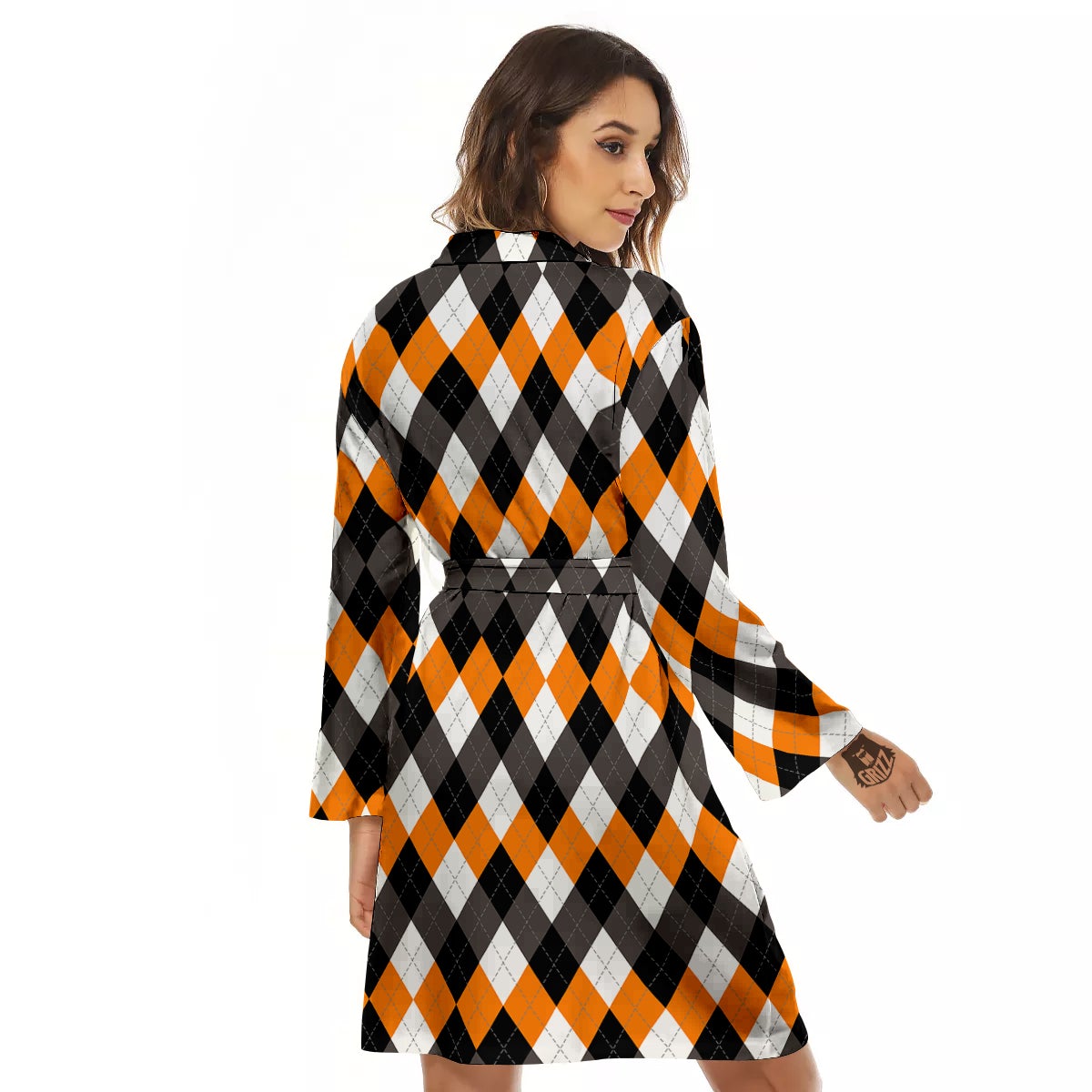Argyle Orange Black And White Print Pattern Women's Robe-grizzshop