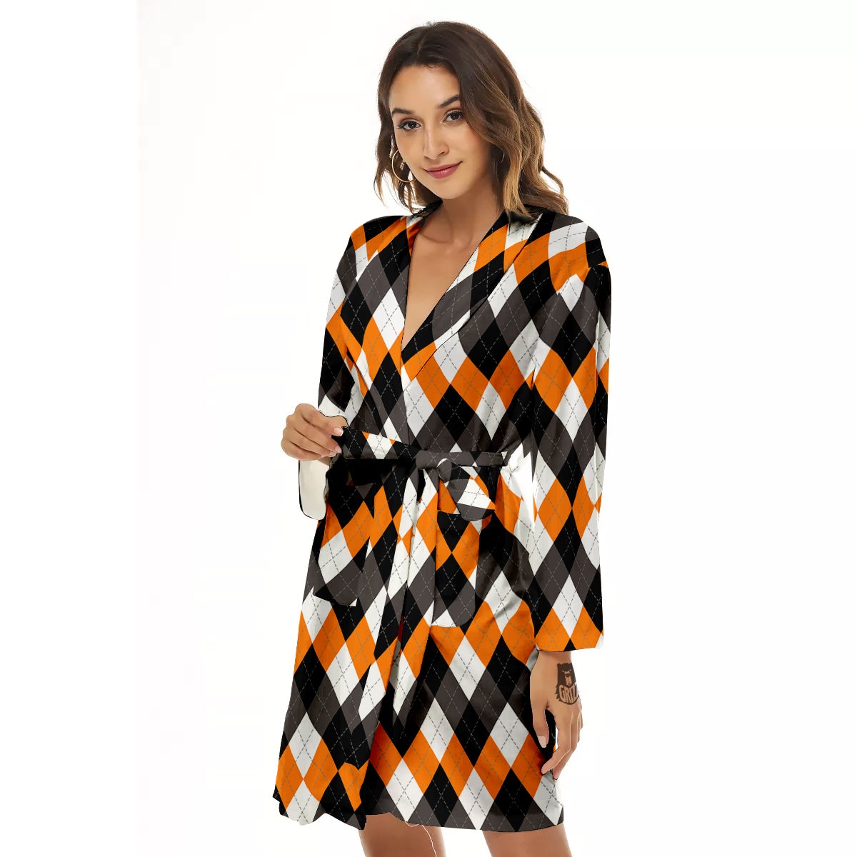 Argyle Orange Black And White Print Pattern Women's Robe-grizzshop