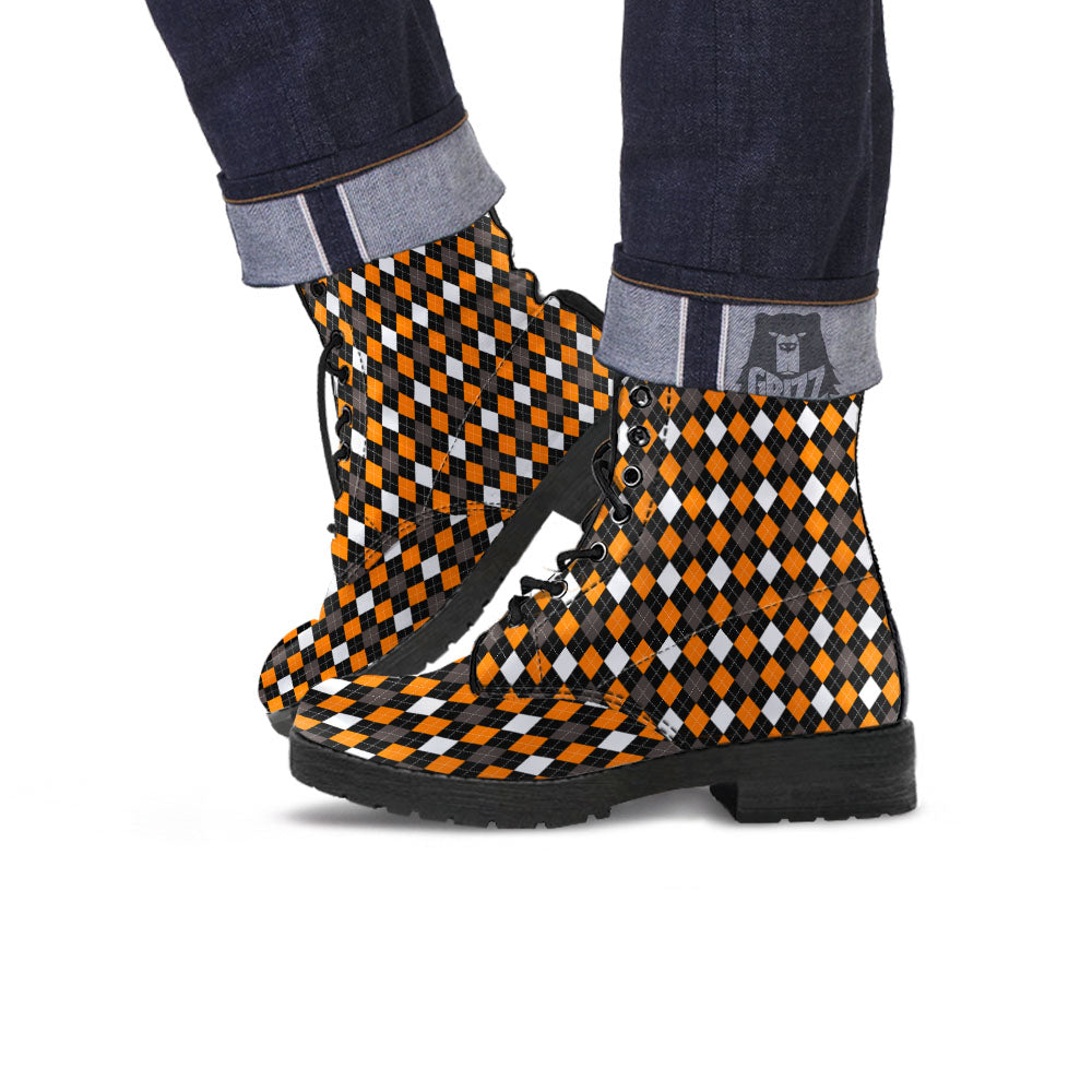 Argyle Orange Black Grey And White Print Leather Boots-grizzshop
