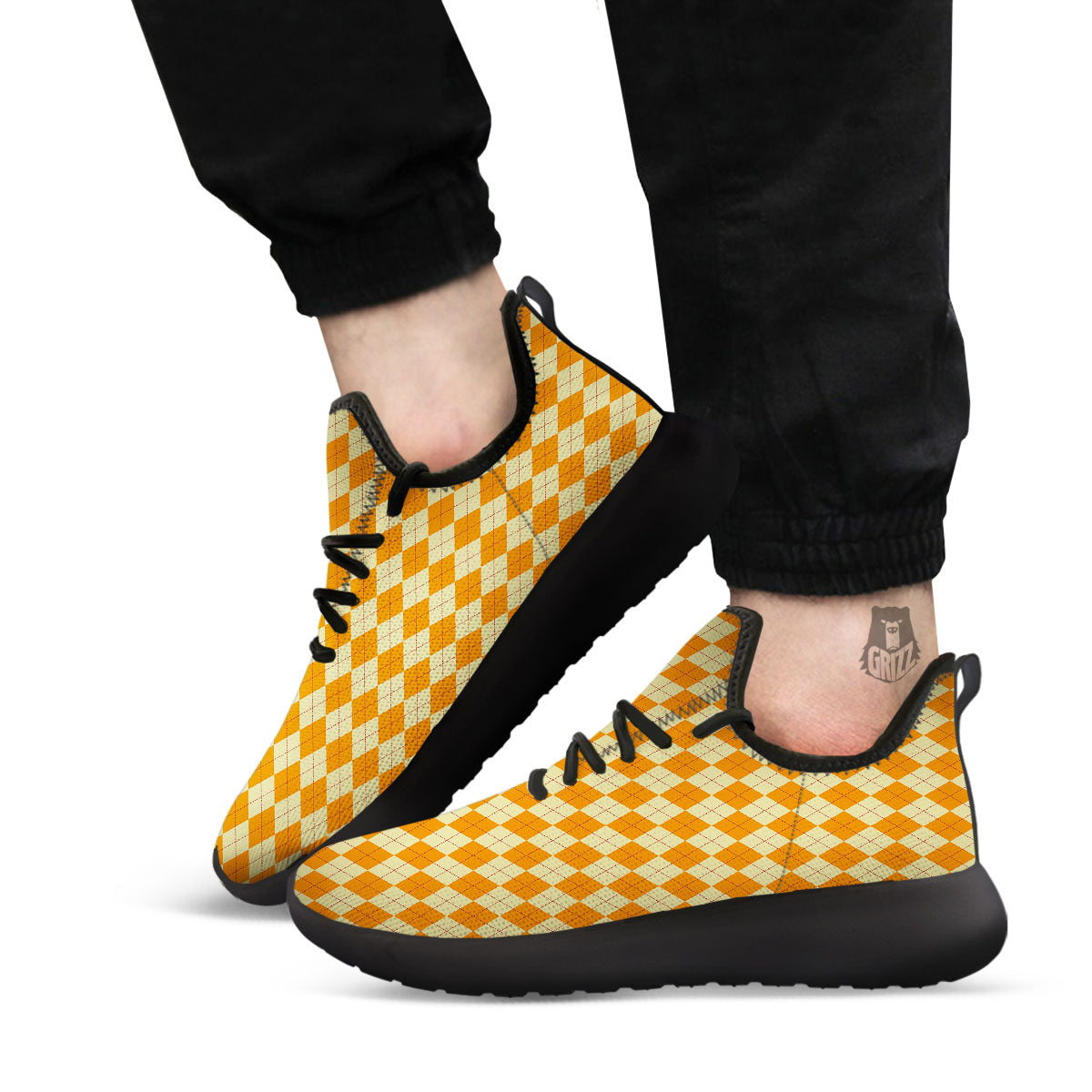 Argyle Orange Print Pattern Black Athletic Shoes-grizzshop