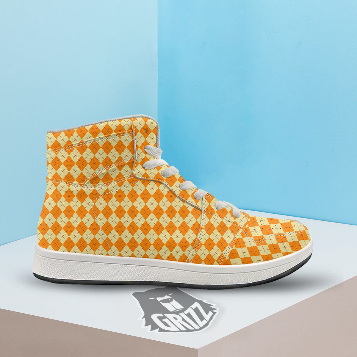 Argyle Orange Print Pattern High Top Sneakers-grizzshop